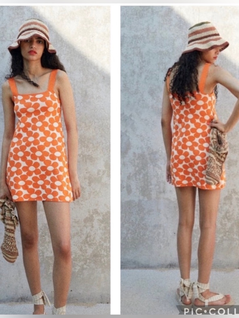 Zara Orange and White Retro Dot Square-Neck Mini Dress